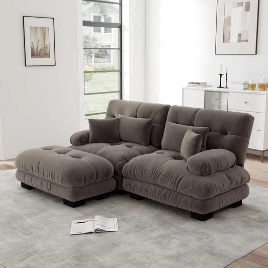 Ecksofa und Wohnlandschaft: mit Chenille-Bezug, mit Armlehnen, mit Kissen, 2-Sitzer, braun