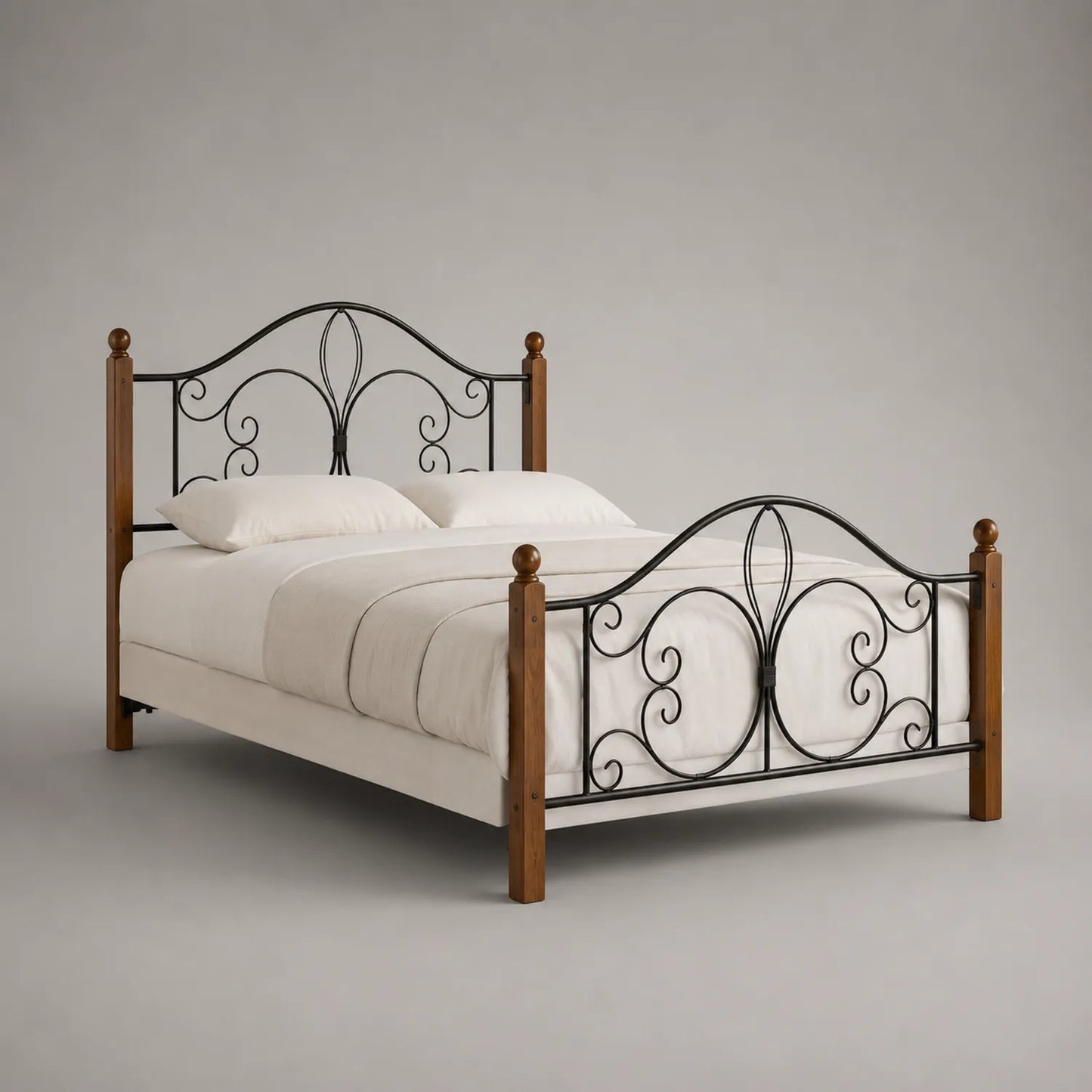 Metallbett mit Holzpfosten und Schmiedeeisenrahmen