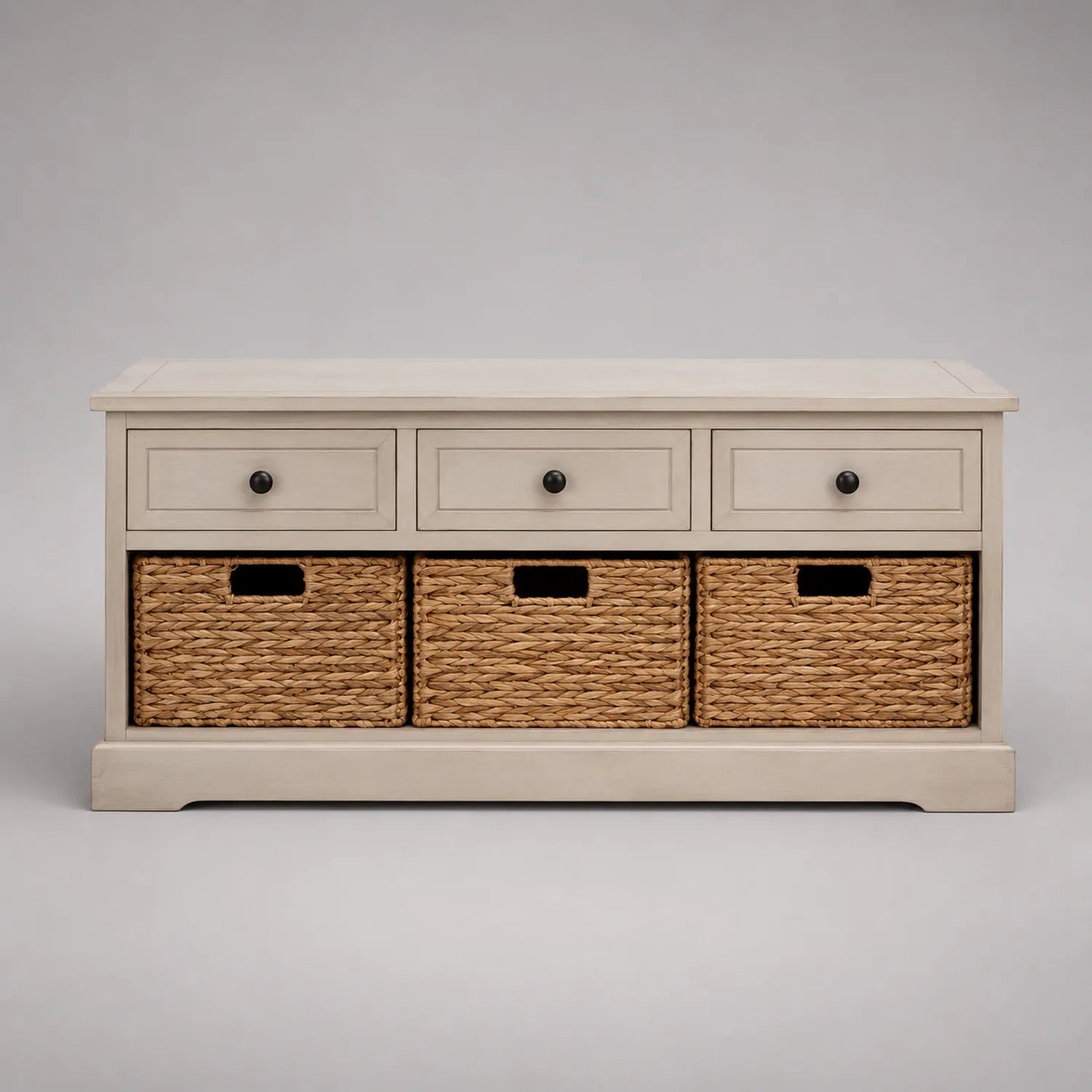 Holz Flurbank mit Schubladen und Rattankörben Beige 120x40x50 cm