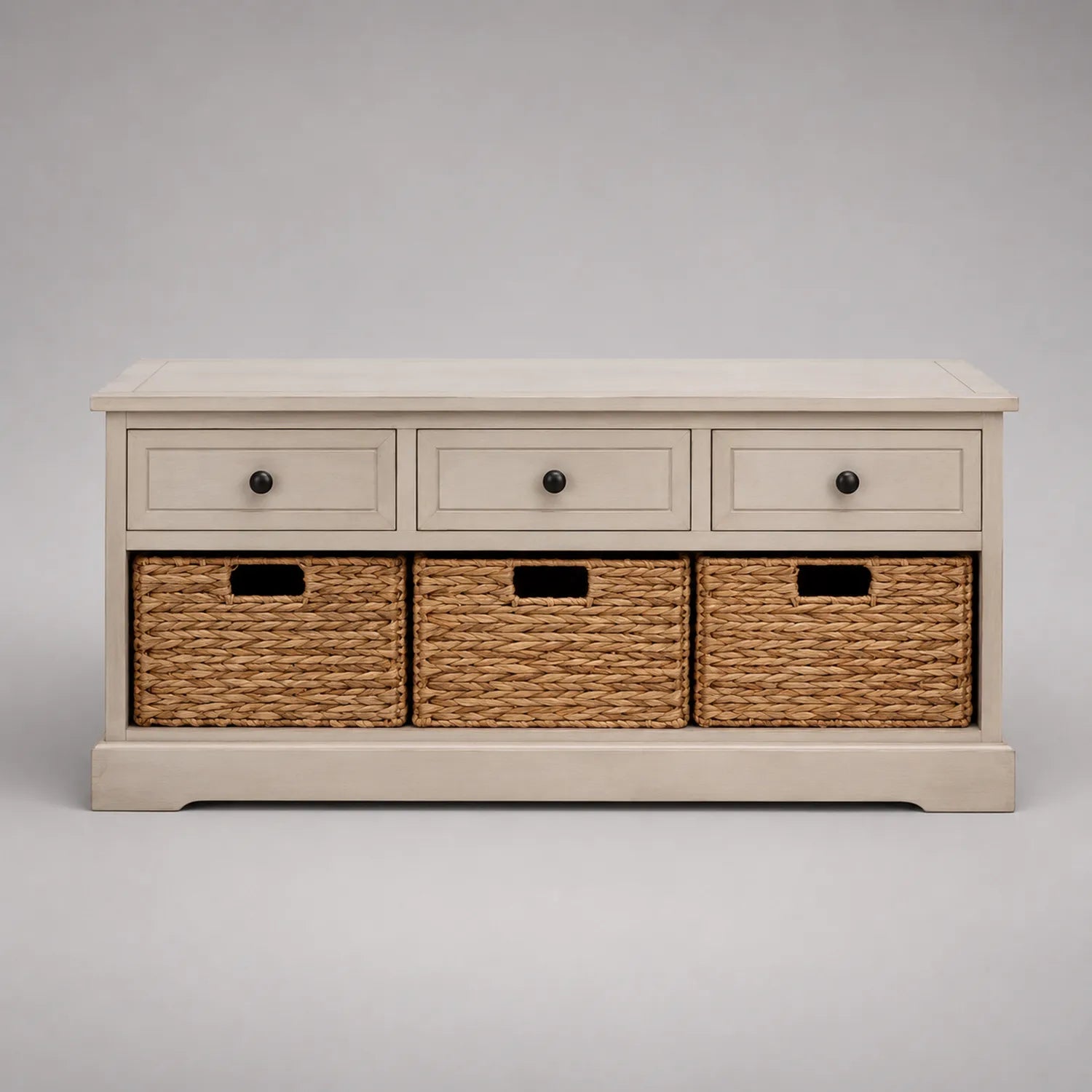 Holz Flurbank mit Schubladen und Rattankörben Beige 120x40x50 cm