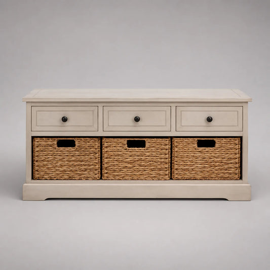 Holz Flurbank mit Schubladen und Rattankörben Beige 120x40x50 cm