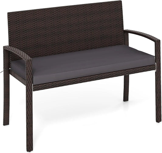 COSTWAY Gartenbank und Terrassenbank: drehbar, mit Kissen, wetterfest, aus Polyrattan, 2-Sitzer, 110 × 56 × 84 cm, 360 kg