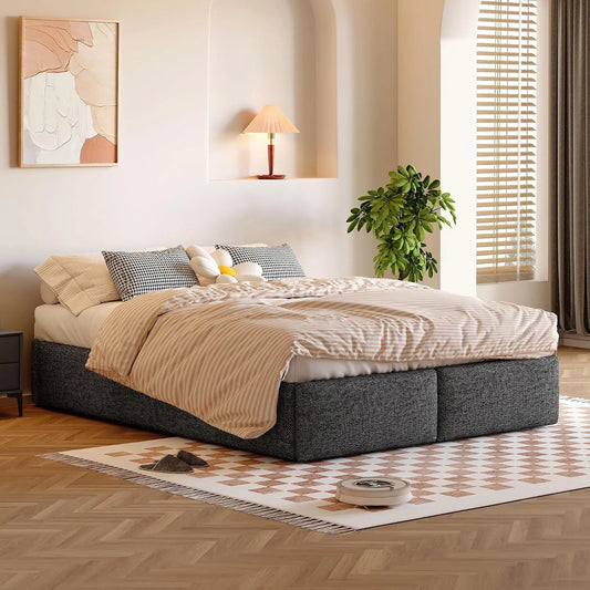 Polsterbett und gepolstertes Bettgestell: mit Stauraum, mit Schubladen, mit Bettkasten, mit Lattenrost, 2 Schubladen, 140 × 200 cm, grau