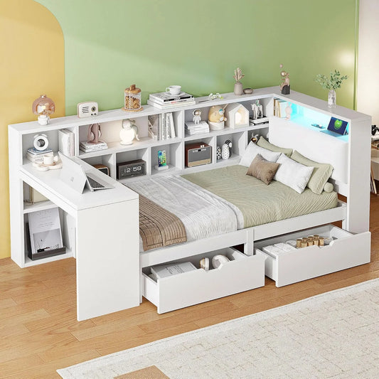 Kinderbett – L-Form, aus Holz, mit Schubladen, mit Schreibtisch und Computertisch, 90 × 200CM, weiß, mit LED-Beleuchtung, mit USB-Anschluss