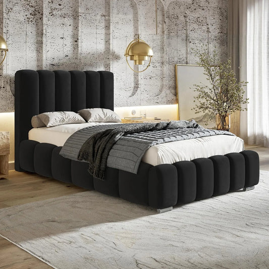 Polsterbett und gepolstertes Bettgestell: mit Stauraum, mit Bettkasten, mit Samtbezug, mit Lattenrost, 90 × 200, schwarz
