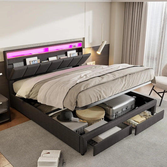 Polsterbett und gepolstertes Bettgestell: mit Stauraum, mit Schubladen, mit Bettkasten, mit USB-Anschluss, 2 Schubladen, 180 × 200