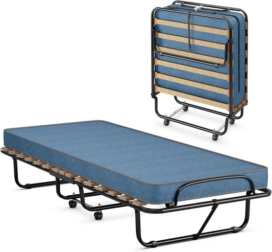 Bettgestell und Bettrahmen — klappbar, mit Rollen, 80 × 190cm, 130 kg, blau, aus Metall