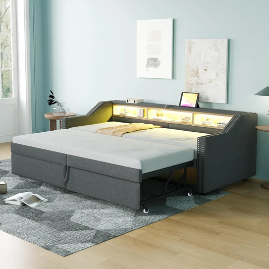 Polsterbett und gepolstertes Bettgestell: ausziehbar, mit USB-Anschluss, LED-Anzeige, 180 × 200 cm, grau