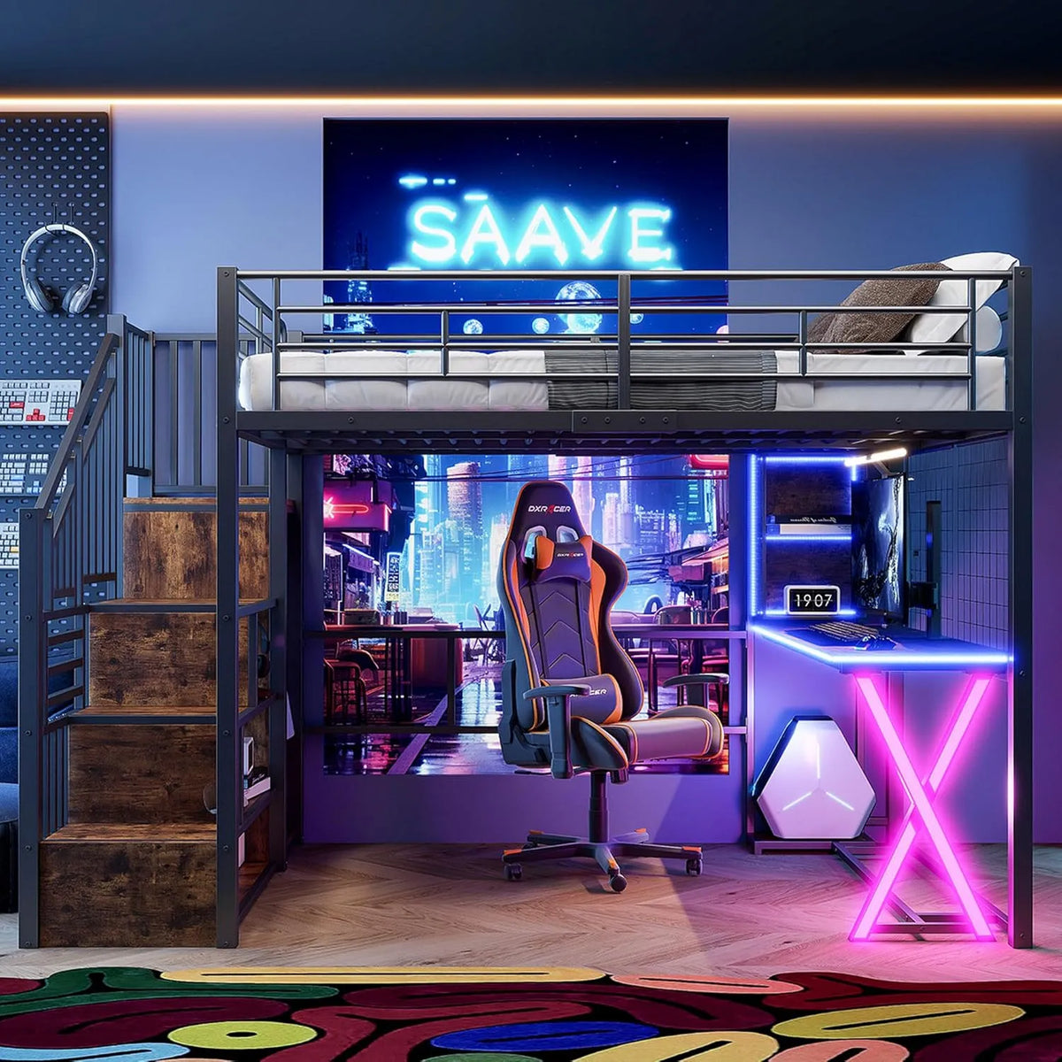 Etagenbett und Hochbett – mit Treppe, mit Schreibtisch, mit Kleiderschrank, mit Lattenrost, 140 × 200 cm, schwarz, mit LED-Beleuchtung