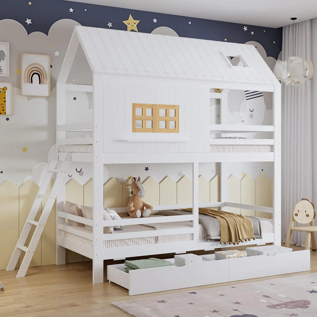 Kinderbett: mit Schubladen, mit Rausfallschutz, mit Leiter, mit Lattenrost, 90 × 200cm, weiß