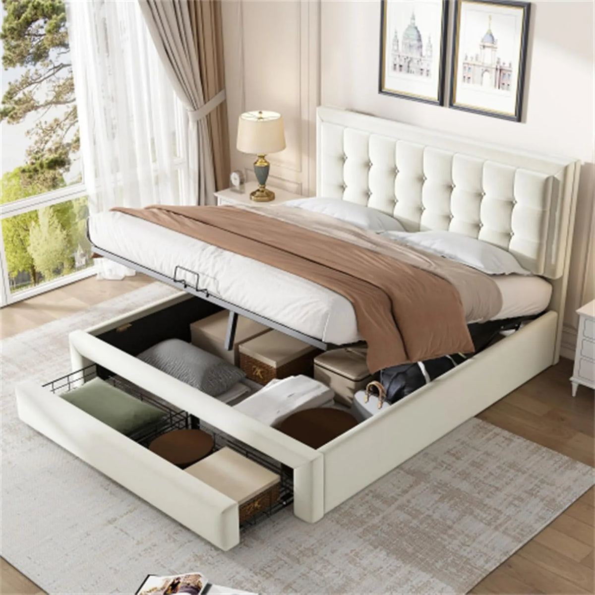 Polsterbett und gepolstertes Bettgestell — mit Stauraum, mit Schubladen, mit Samtbezug, mit Lattenrost, 140 × 200 cm, 300 kg, beige, mit Stoffbezug