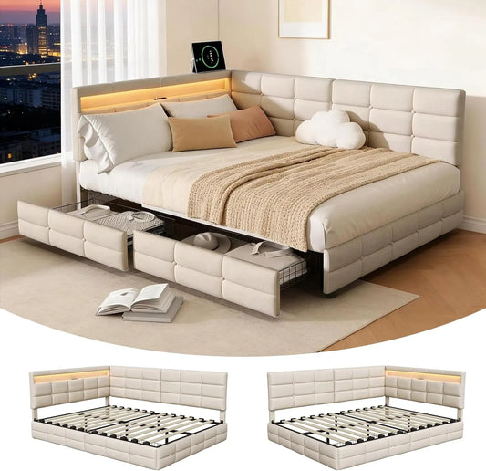 Polsterbett und gepolstertes Bettgestell – mit Stauraum, mit Schubladen, mit USB-Anschluss, mit Lattenrost, 140 × 200, 140 × 200 cm, beige
