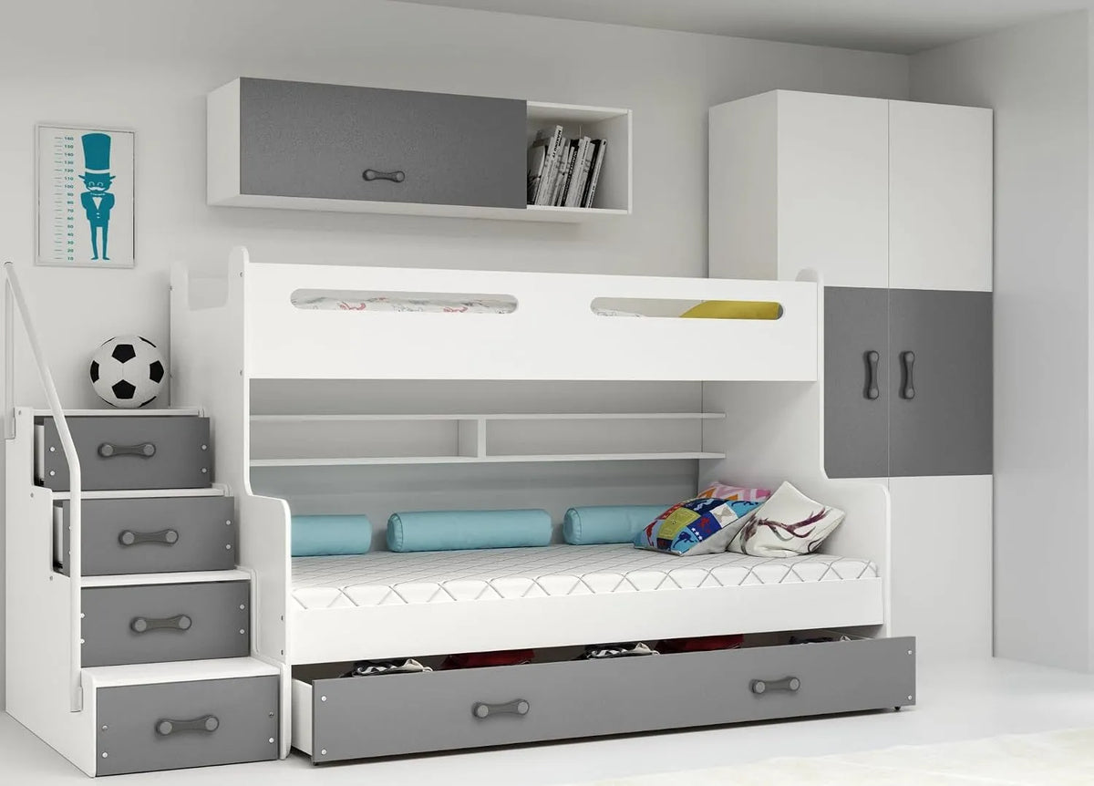 Kinderbett – für Kinder, mit Stauraum, mit Treppe, mit Lattenrost, grau