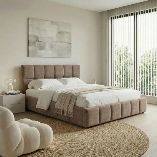 Polsterbett und gepolstertes Bettgestell: mit Lattenrost, 180 × 200 cm, braun, mit Stoffbezug