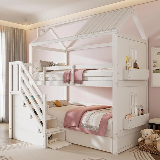 Kinderbett – für Kinder, mit Stauraum, mit Schubladen, mit Treppe, 90 × 200 cm, 205 × 143 × 235cm, weiß