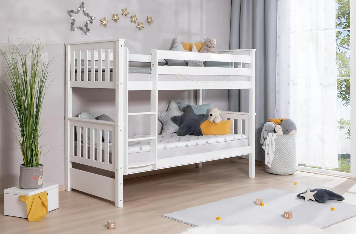 Kinderbett — für Kinder, mit Treppe, aus Massivholz, 90 × 200, weiß