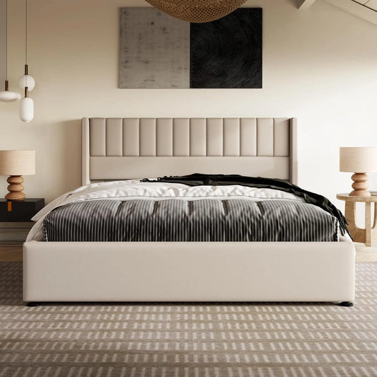 Polsterbett und gepolstertes Bettgestell: aus Metall, aus Holz, mit Stauraum, mit Lattenrost, 160 × 200 cm, beige