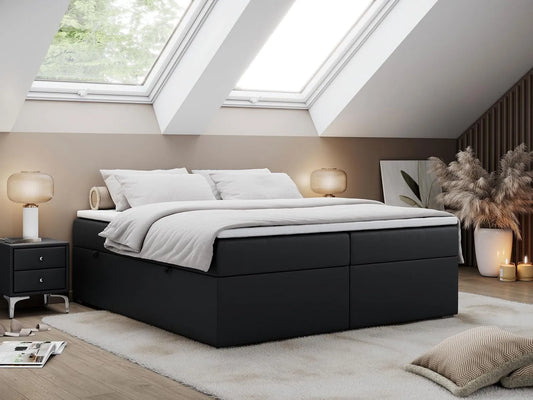 Polsterbett und gepolstertes Bettgestell: MEBLE, aus PU-Leder, mit Stauraum, mit Bettkasten, 120 × 200 cm, schwarz, MKS T25