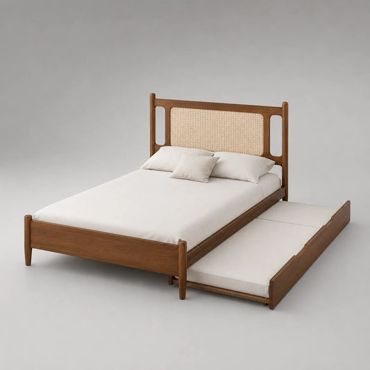 Holzbett mit Rattangeflecht und Ausziehbett 140x200 cm Braun/Beige