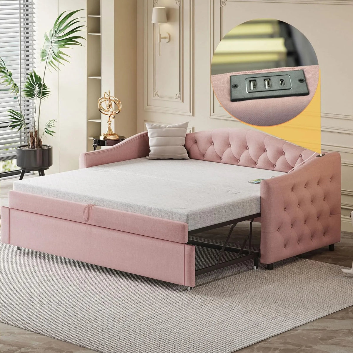 Polsterbett und gepolstertes Bettgestell: ausziehbar, mit USB-Anschluss, mit Lattenrost, im klassischen Stil, 90 × 200 cm, rosa, mit Stoffbezug