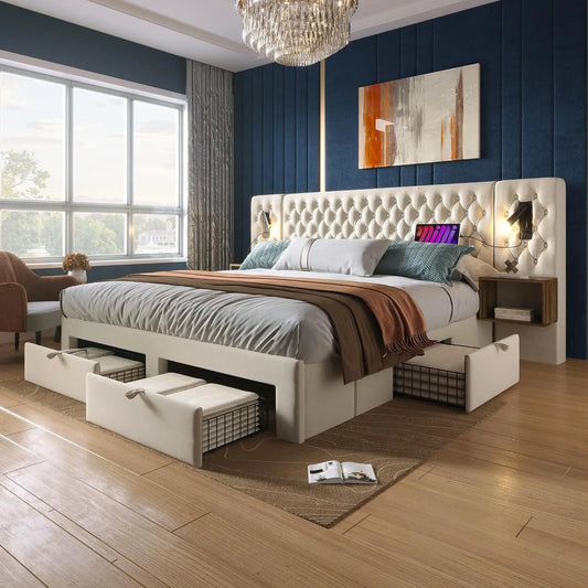 Polsterbett und gepolstertes Bettgestell – mit Stauraum, mit Schubladen, mit USB-Anschluss, mit Samtbezug, 4 Schubladen, 180×200 cm, beige