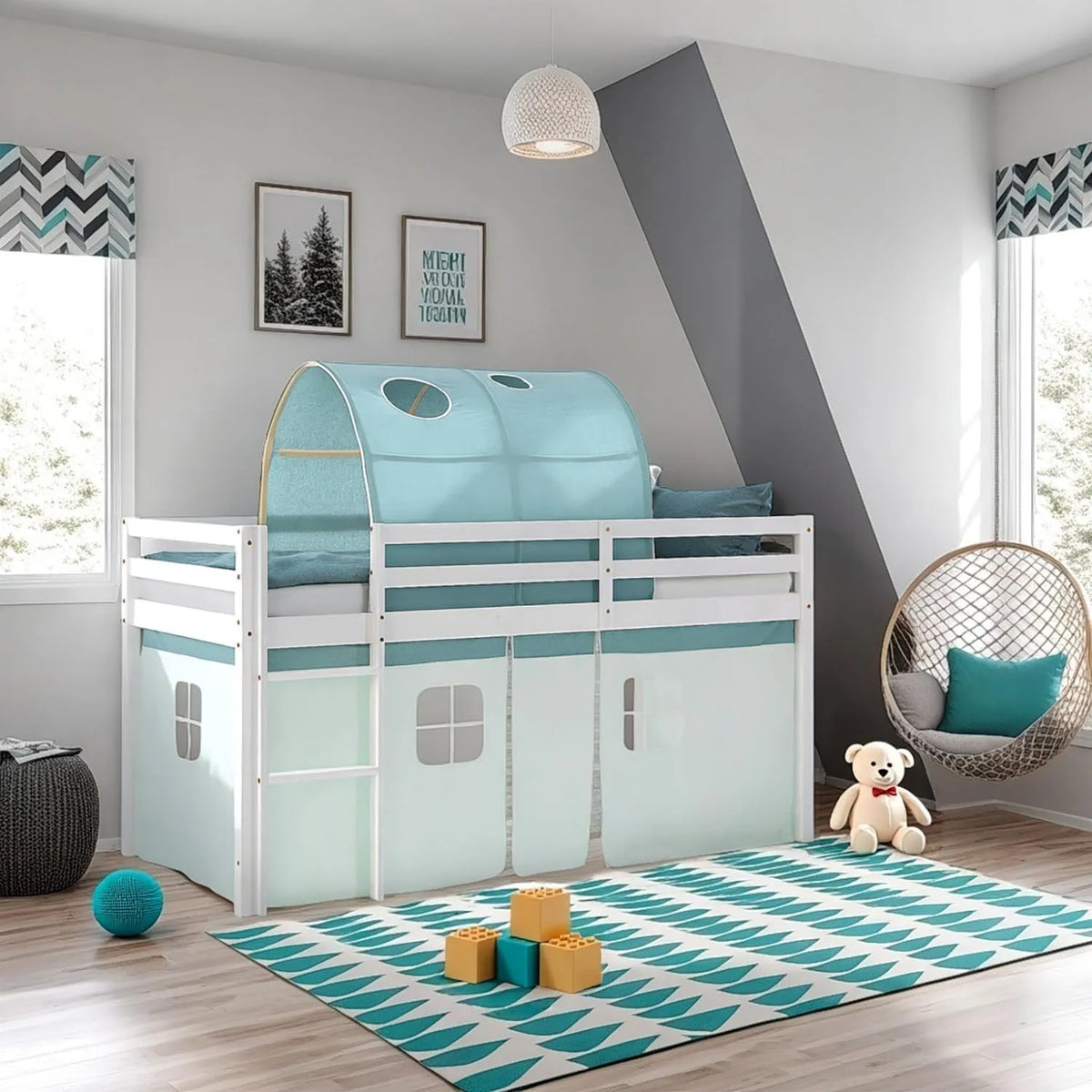 Kinderbett – aus Holz, mit Treppe, 90 × 200, weiß