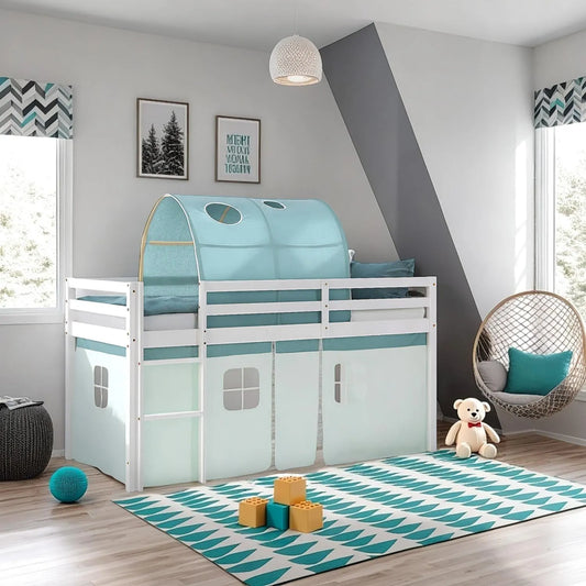Kinderbett – aus Holz, mit Treppe, 90 × 200, weiß