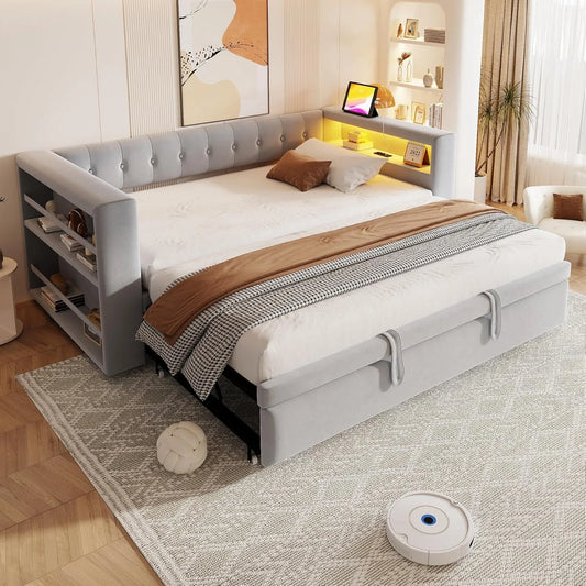 Polsterbett und gepolstertes Bettgestell – mit Stauraum, mit USB-Anschluss, LED-Anzeige, 180×190, grau