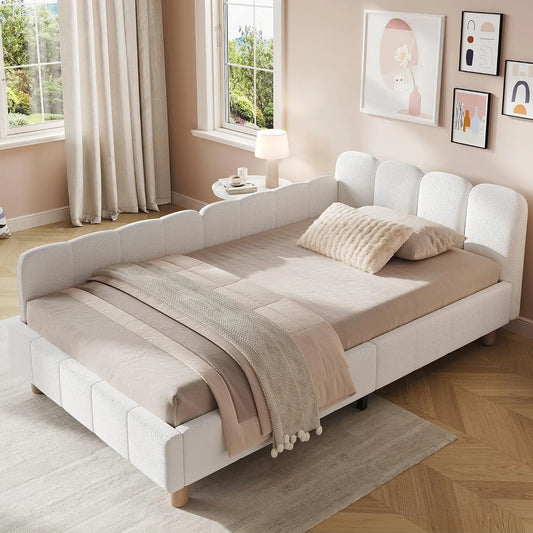 Polsterbett und gepolstertes Bettgestell — mit Rausfallschutz, aus Massivholz, mit Lattenrost, mit Bouclé-Bezug, 90 × 200 cm, beige