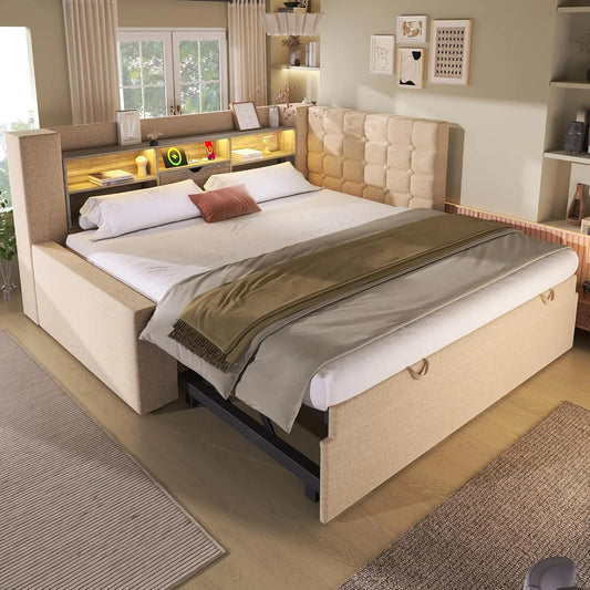 Tagesbett und Gästebett — L-Form, mit Lattenrost, LED-Anzeige, 90 × 200, 90 × 190, beige