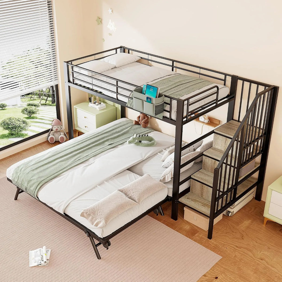 Kinderbett – mit Stauraum, mit Treppe, ausziehbar, 90 × 200 cm, schwarz