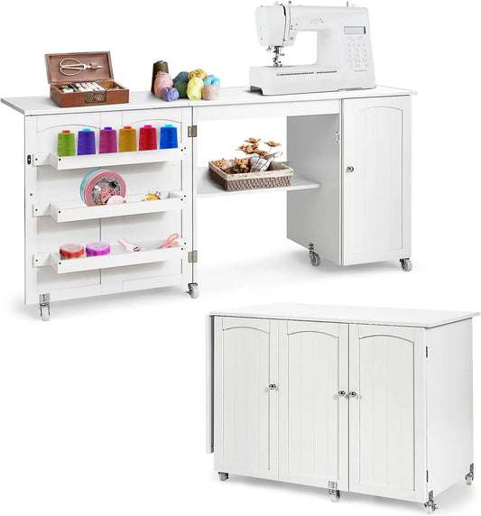 Nähmaschinentisch, Schreibtisch, Basteltisch, Nähschrank, Türschrank, Nähtisch, elektrische Nähmaschine, 158x50x75cm, Transportrollen, Weiß, COSTWAY