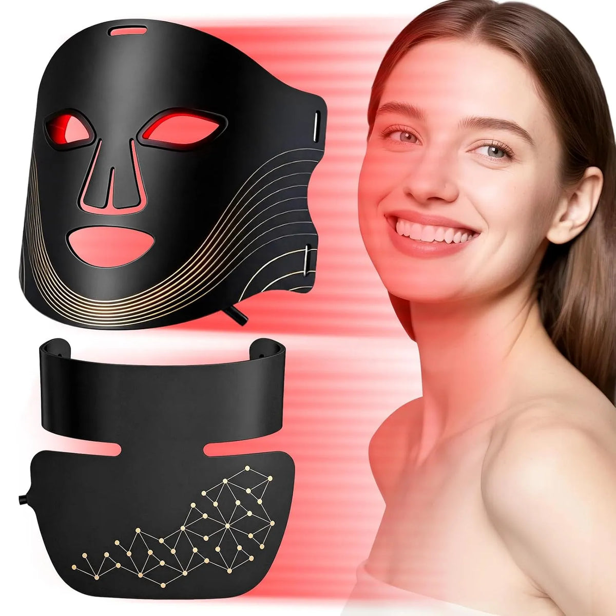 Anti-Aging, Lichttherapie Gesichts und Halsmaske, 3 Helligkeitsstufen, Maske Gesicht für Gesicht und Hals mit Infrarotlicht Funktion, Akne &