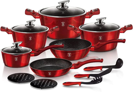 15Pcs Haus Metallisch Kochgeschirr Set, Weinrot