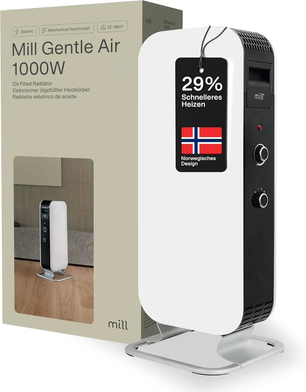 Elektroheizung, 1000 W, Mill, Thermostat, Weiß, bis zu 16 m²