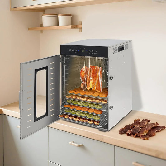 Ventilator 24h, 1370 W, 20 bis 90 °C, Timer, 2 Temperaturzonen, Edelstahl, Edelstahl Dörrautomat mit 16 Etagen, Timer & Rezeptheft