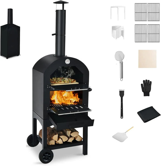 Elektrischer Pizzaofen, KOMFOTTEU, tragbar, Outdoor, IP65, Grill, Camping, tragbarer Holzofen aus Eisen, Mini-Ofen 2 Ebenen, Grillrost, Pizzawender