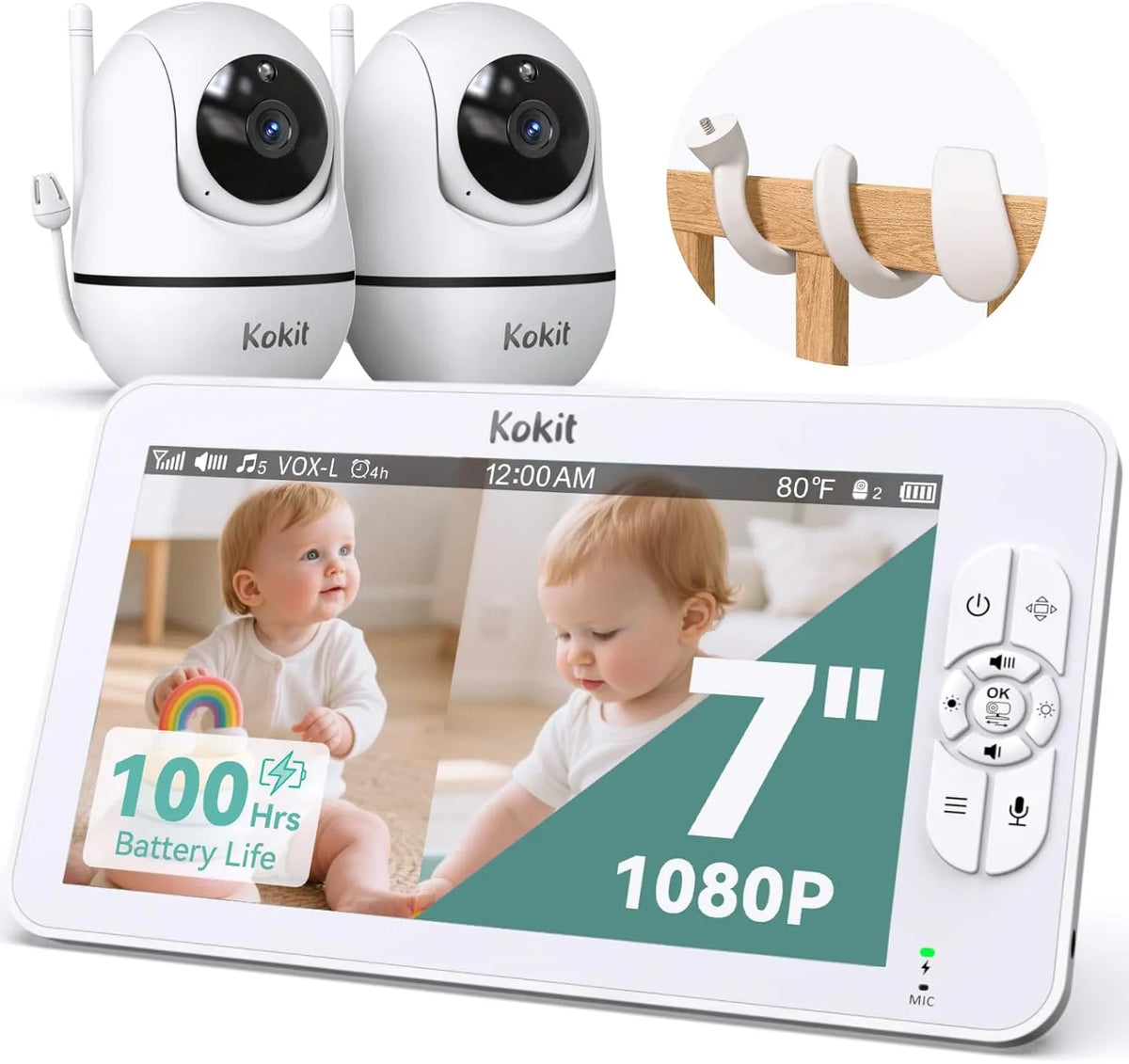 1080P-Kameras 4-facher Babyphone, Batterie, Babyüberwachungsgerät, 17,8 cm, WLAN