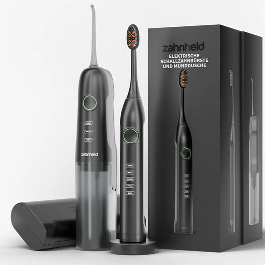 Schallzahnbürste, Andrucksensor, Munddusche, Elektrozahnbürste, elektrische Zahnreinigungsdusche, Timer, USB, Hygiene, Schwarz