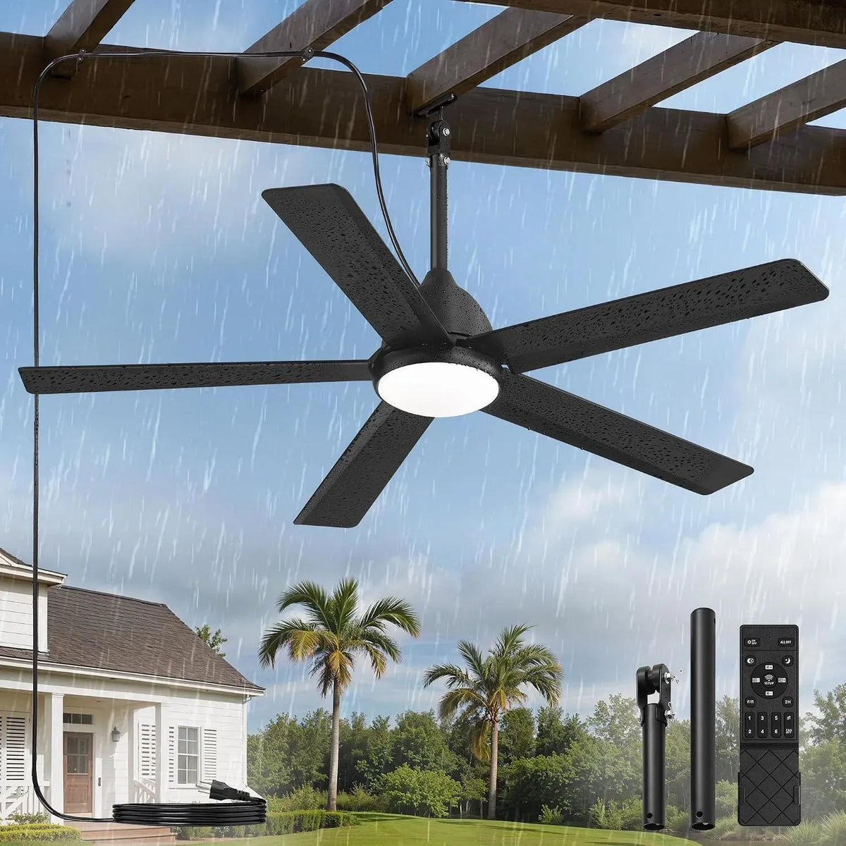 Ventilator 6-Gang-Gleichstrommotor, 132 cm, Outdoor, IP65, App, Fernbedienung/App-Steuerung, dimmbar