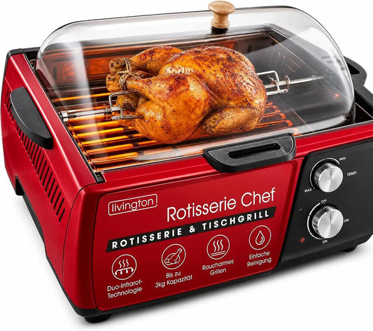 Elektrogrill, Indoorgrill, Tischgrill, Drehgrill, elektrischer Tischgrill, Wärmefunktion, Rot, für Hähnchen, Livington