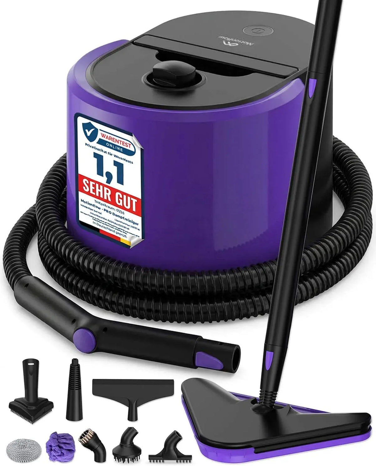 Dampfreiniger, 1500 W, Druckdampf, Edelstahl, Einsatz auf Böden, in Küche, Auto und an Fenstern, Dampfbürste mit 13 Aufsätzen, 100°C Dampf