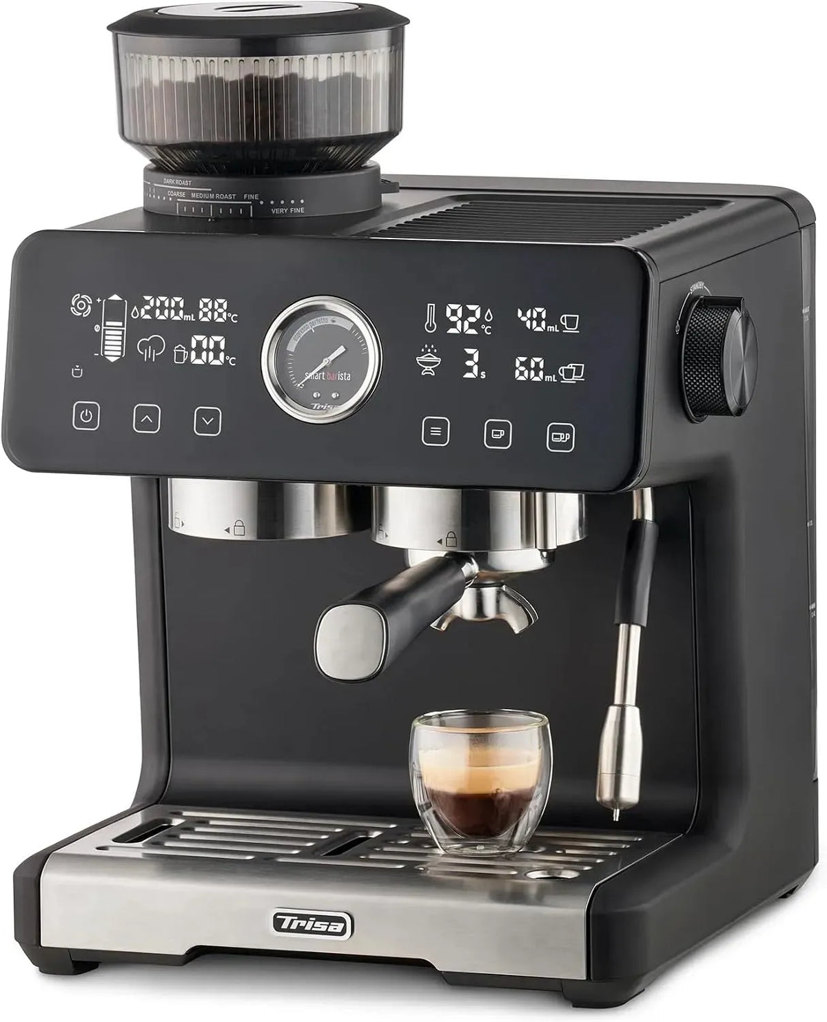 Espressomaschine, 2,5 L, Touch-Bedienung, großer Wassertank, Edelstahl, Trisa Siebträgermaschine Smart Barista, Touchscreen-Display