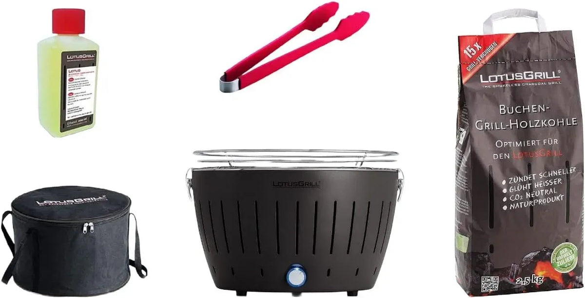 Holzkohlegrill, Tragetasche, LotusGrill, 2,5 kg, 200 ml, USB