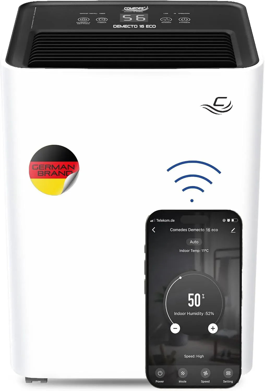 Luftentfeuchter 24h, WLAN, Comedes Demecto 16 eco WiFi, Geeignet für Räume bis 65m²/150m³, App-fähig, 16 Liter /