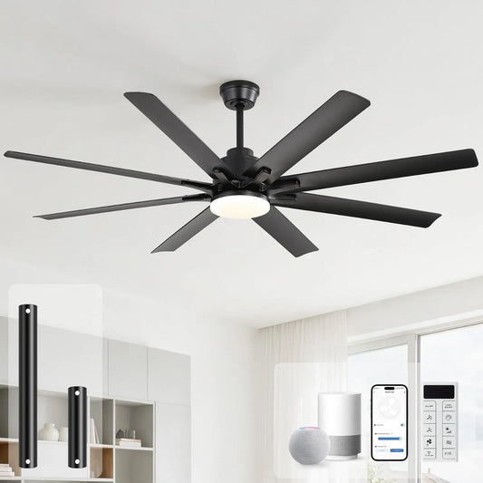 Google Ventilator, 132 cm, Outdoor, leise, Google Assistant, Alexa und Siri, leiser reversibler Gleichstrommotor, 8 Flügel, 6 Geschwindigkeiten