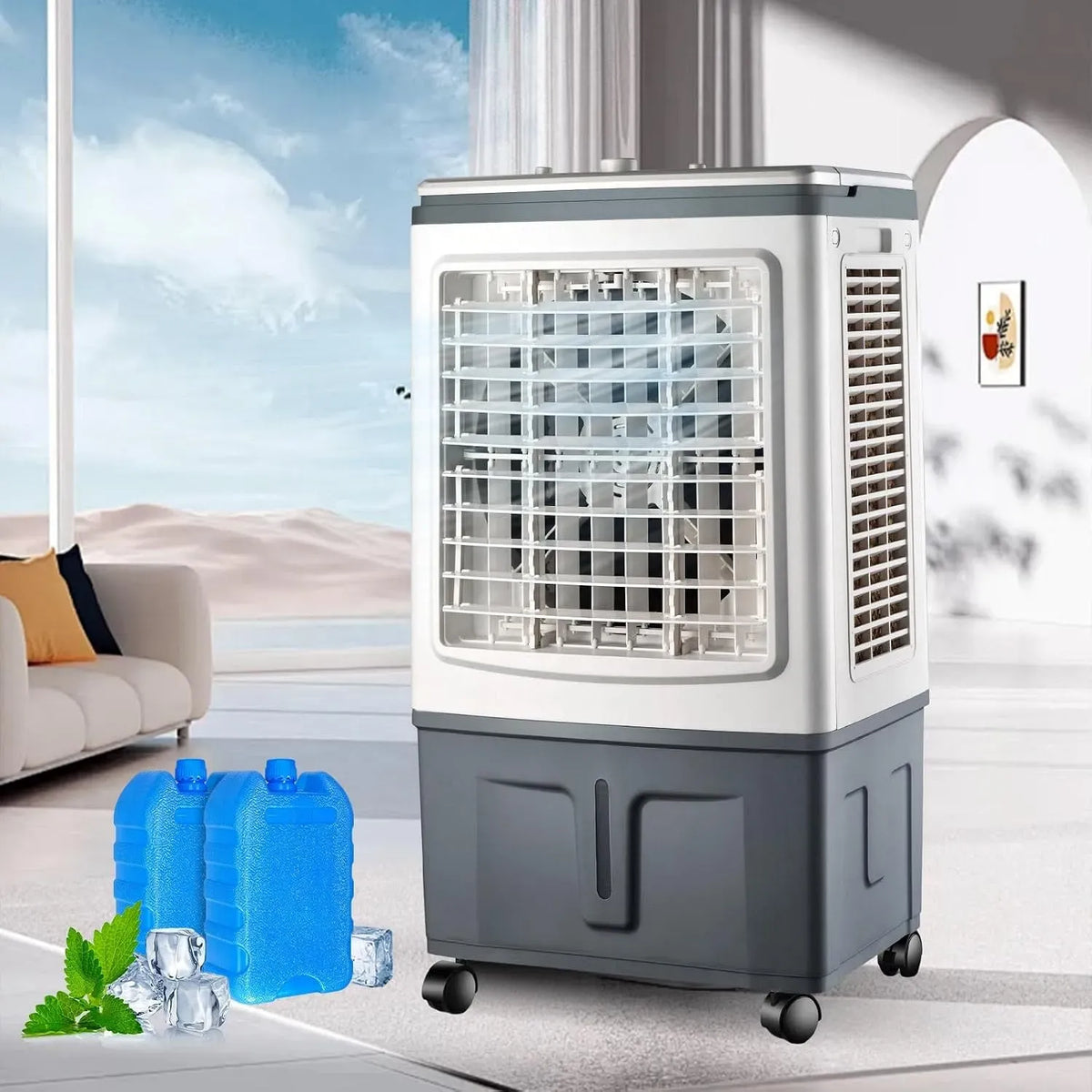 Klimaanlage, 30 L, 100 W, 3000 m³/h, 3‑fach Kühlpad, 3 Stufen, 2 Kühlakkus
