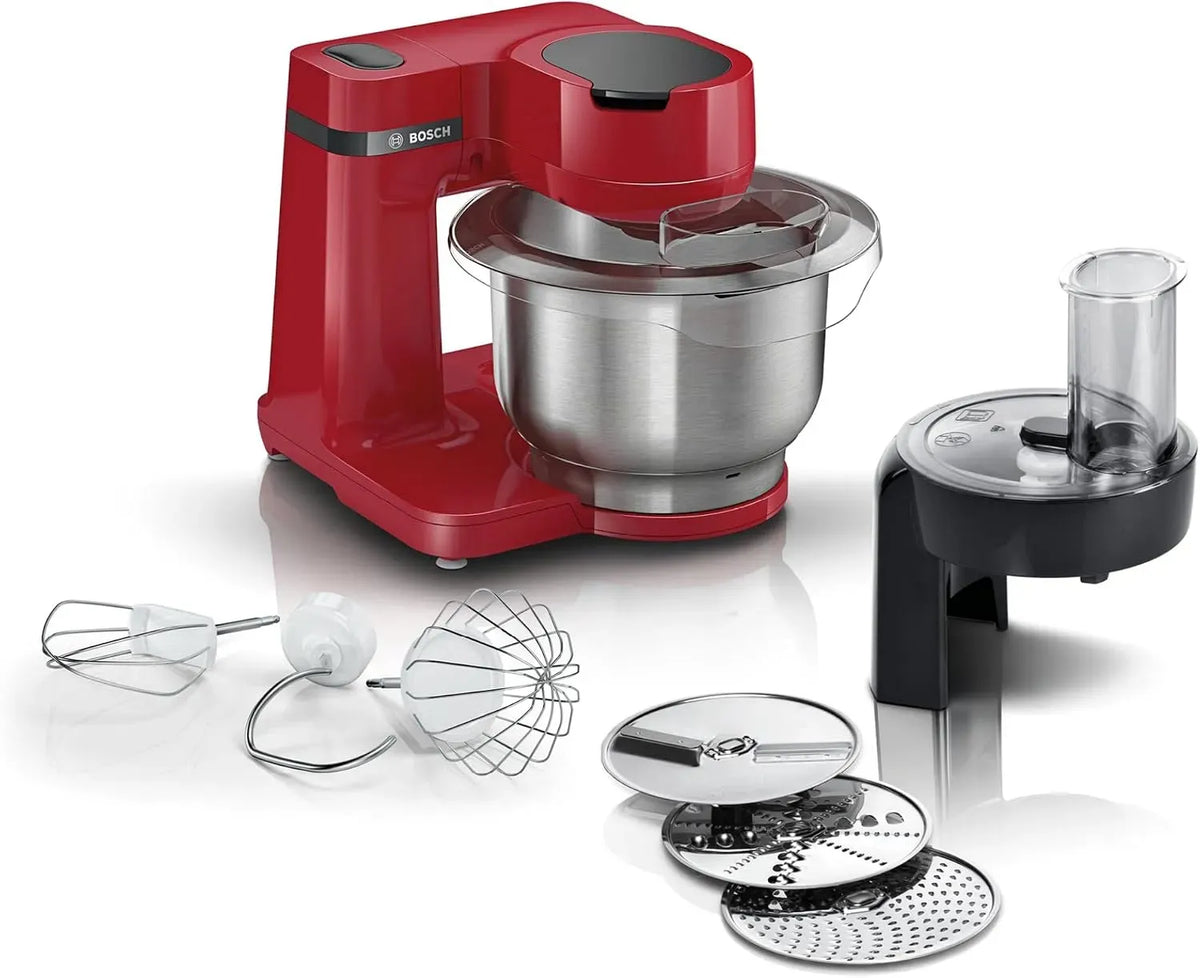 Bosch Serie 2 MUMS2ER01 Küchenmaschine, 3,8 L, 700 W, Edelstahl, Rot, Edelstahl-Schüssel 3,8 L, Rührbesen Edelstahl, 3 Scheiben