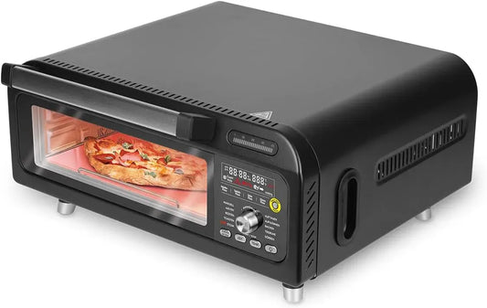 Elektrischer Pizzaofen 3-Fach-Verglasung, 2000 W, Warmhaltefunktion, Grill, Pizzastein und Pizzaschieber inklusive, Steakgrill, 400°C, 4 Modi