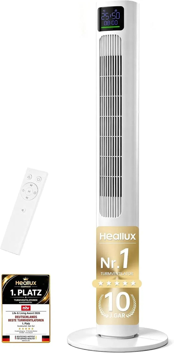 Ventilator, 115 cm, HEALLUX 12h, Timer, leise, Weiß, 10 m Wurfweite, 90° oszillierend, 4 Geschwindigkeiten & 4 Modi